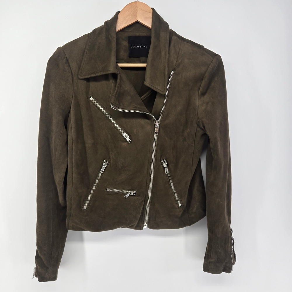 Olivaceous Moto Jacket Womens S Brown Green Faux Suede Asymmetric Zip Biker